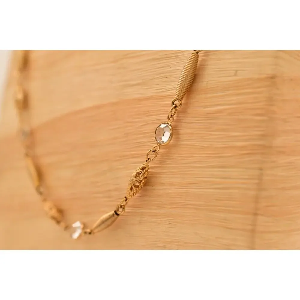 Vintage Crystal Open Bezel Chain Necklace Gold Tone Linked Shiny 1980s BinBE